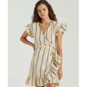 Billabong Wrap And Roll Mini Dress Yellow Striped Cotton Flax Size S Beach